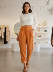 Relaxte Corduroy Broek met Hoge Taille voor Dames