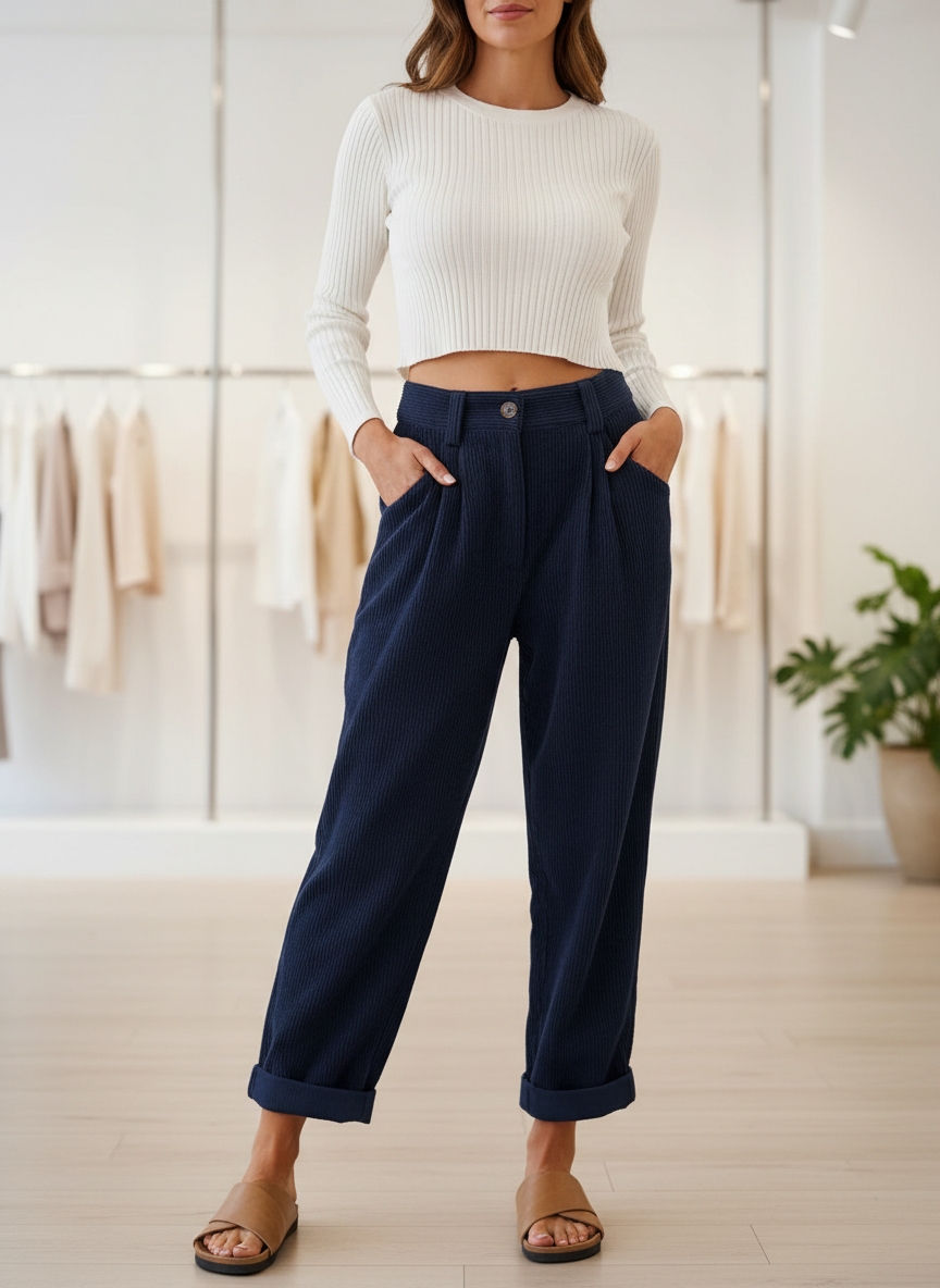 Relaxte Corduroy Broek met Hoge Taille voor Dames