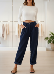 Relaxte Corduroy Broek met Hoge Taille voor Dames