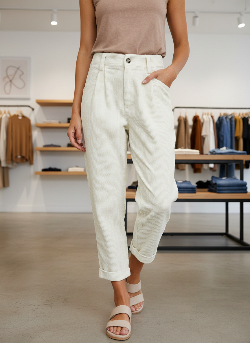 Relaxte Corduroy Broek met Hoge Taille voor Dames