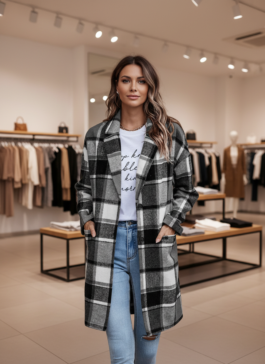 Chique Geruite Tussenjas met Wolblend: Perfecte Laag