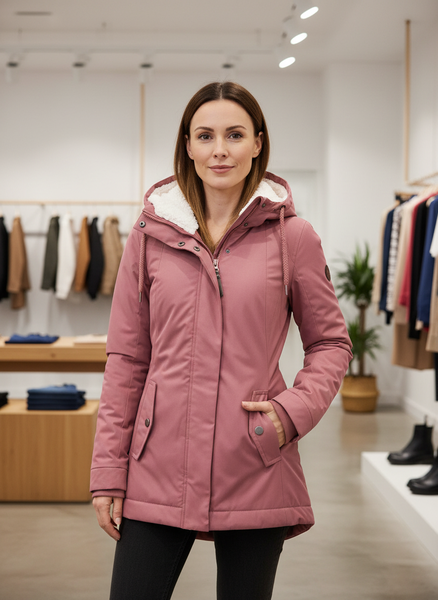 Getailleerde Dames Parka met Warme Sherpa Capuchon