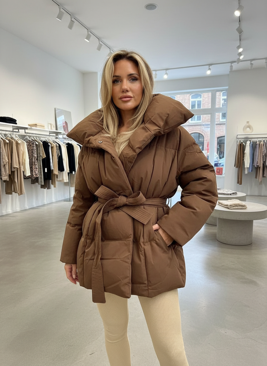 Chique Pufferjas met Ceintuur en Statement Kraag