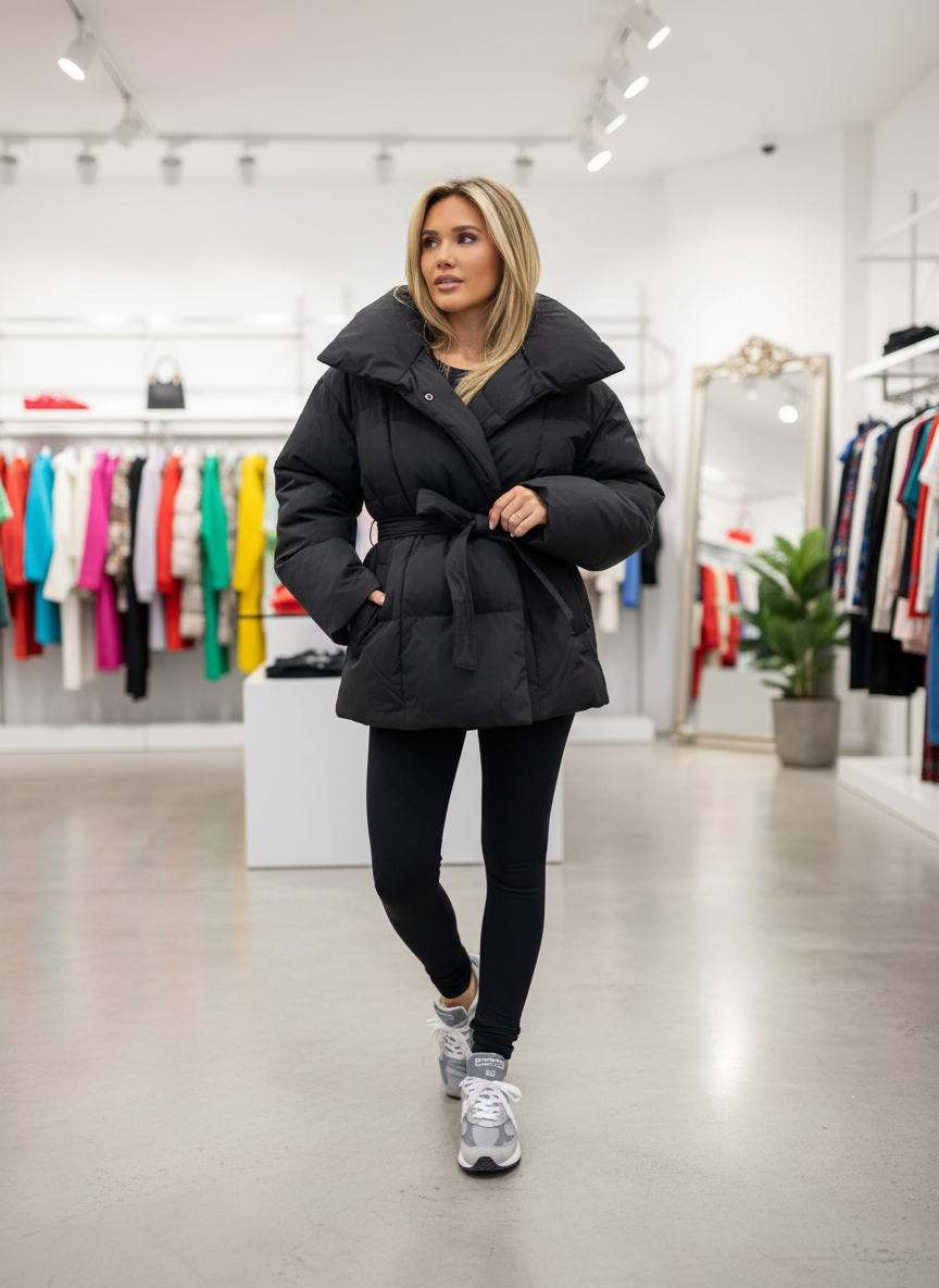 Chique Pufferjas met Ceintuur en Statement Kraag