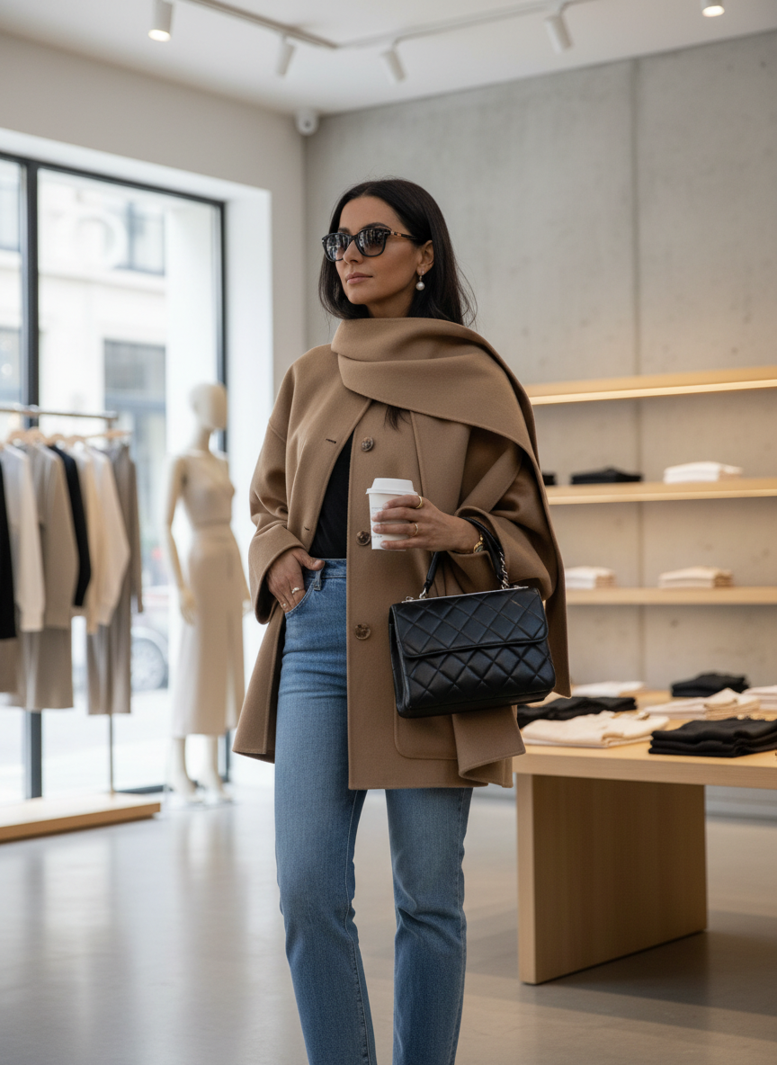 Elegante Mantel met Sjaalkraag in Warme Wolmix