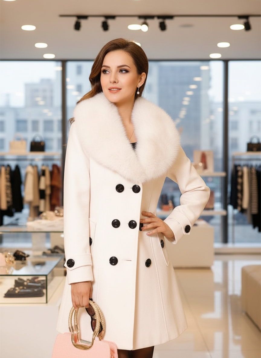 Luxe Wollen Blend Winterjas met Afneembare Bontkraag