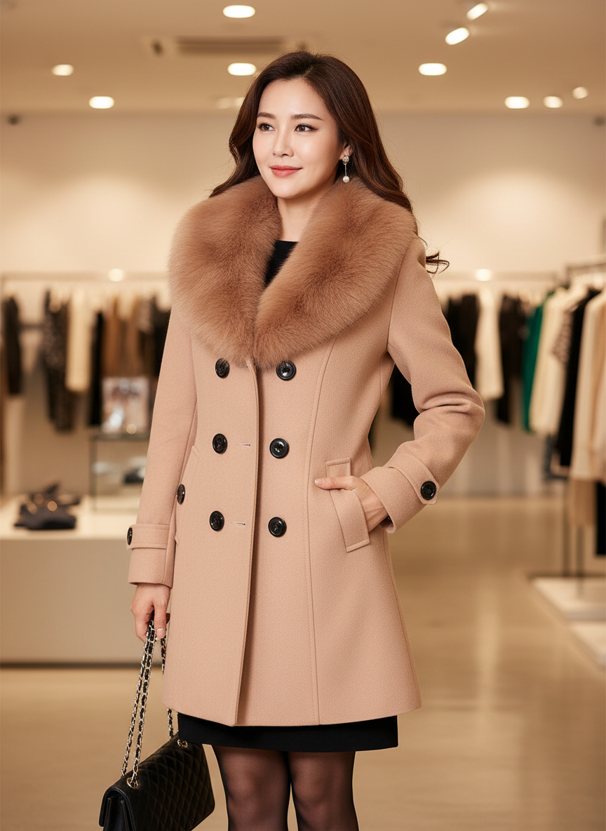 Luxe Wollen Blend Winterjas met Afneembare Bontkraag