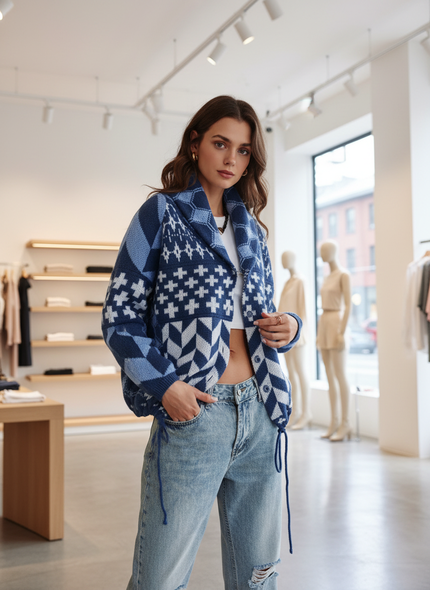 Comfortabele Gebreide Cardigan met Opvallende Retro Print