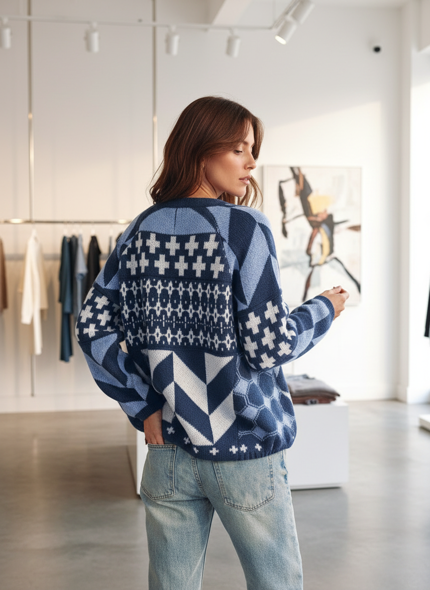 Comfortabele Gebreide Cardigan met Opvallende Retro Print