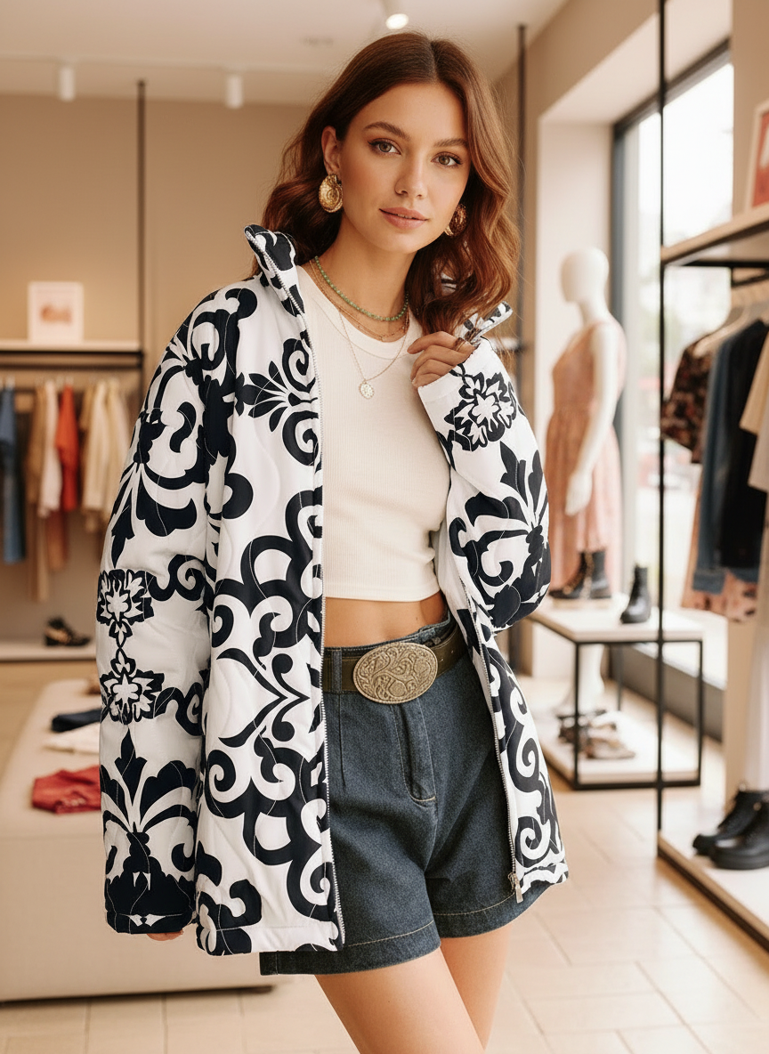 Stijlvol Gewatteerd Jack met Barokprint voor Dames