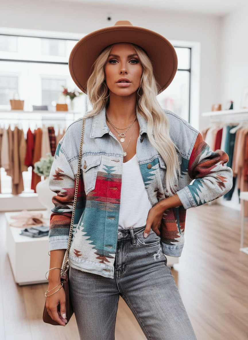 Stijlvol Denim Jack met Uniek Southwestern Patroon