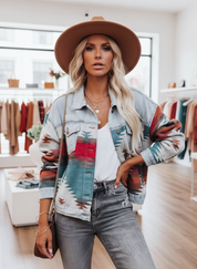Stijlvol Denim Jack met Uniek Southwestern Patroon