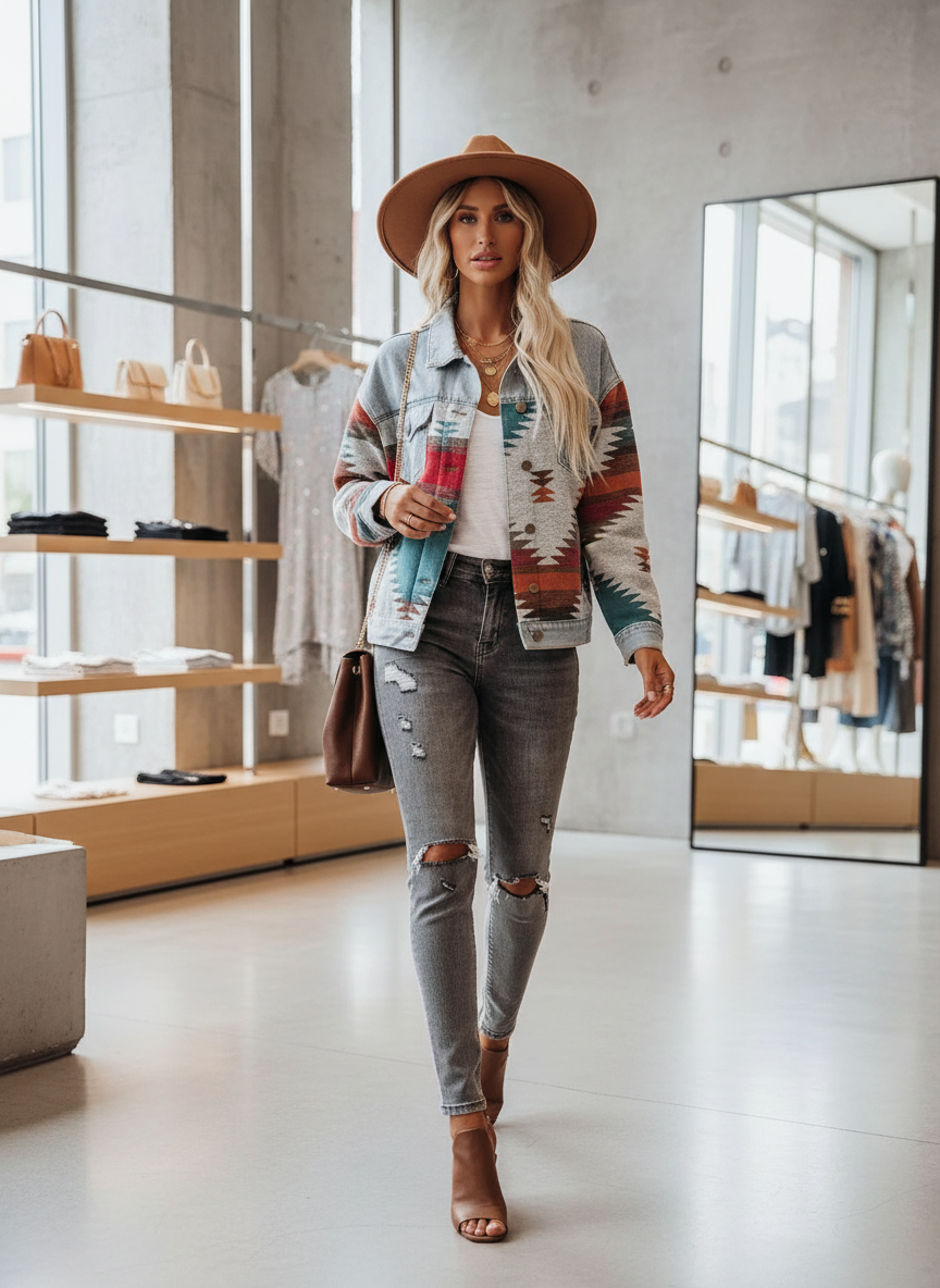 Stijlvol Denim Jack met Uniek Southwestern Patroon