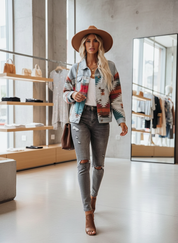 Stijlvol Denim Jack met Uniek Southwestern Patroon