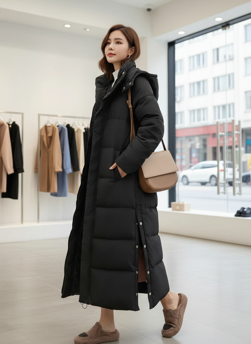 Lange Pufferjas met Capuchon: Stijlvolle Warmte voor de Winter