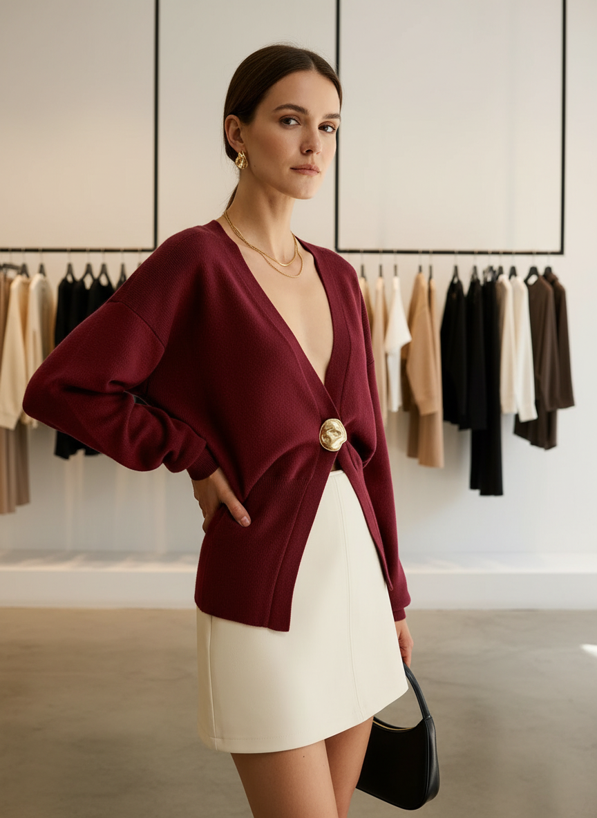 Chique Gebreide V-hals Top met Gouden Sluiting