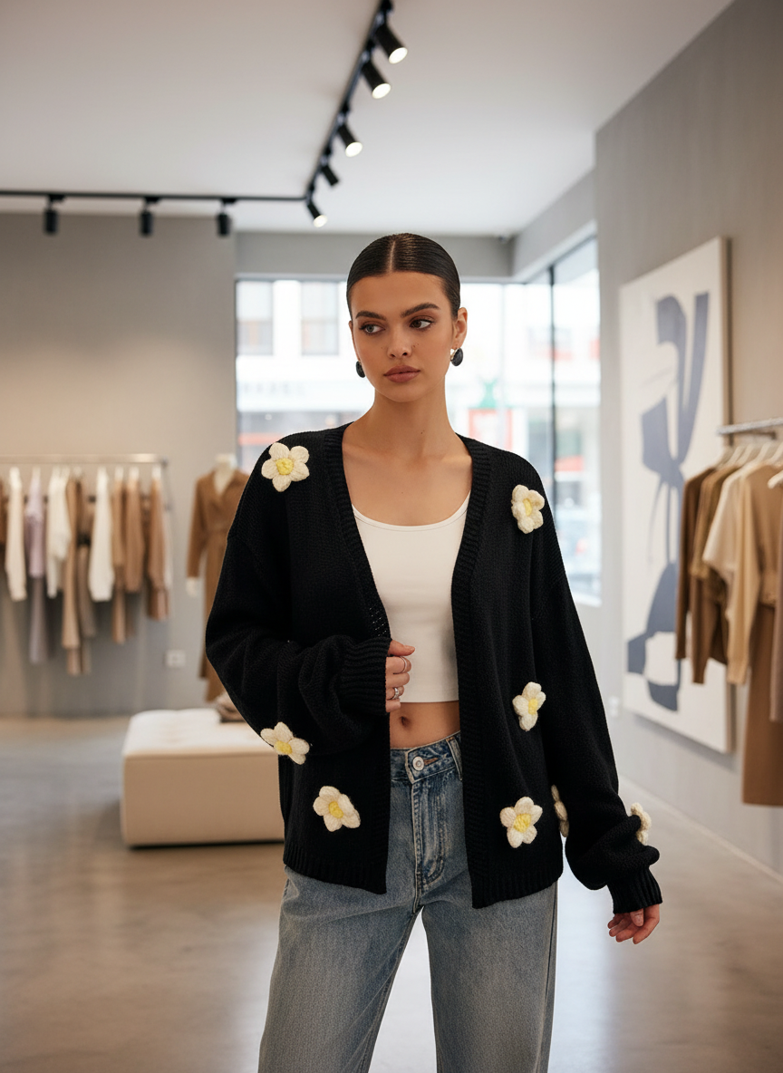 Gebreid Vest met 3D Bloemen | Comfortabel & Chic voor Dames