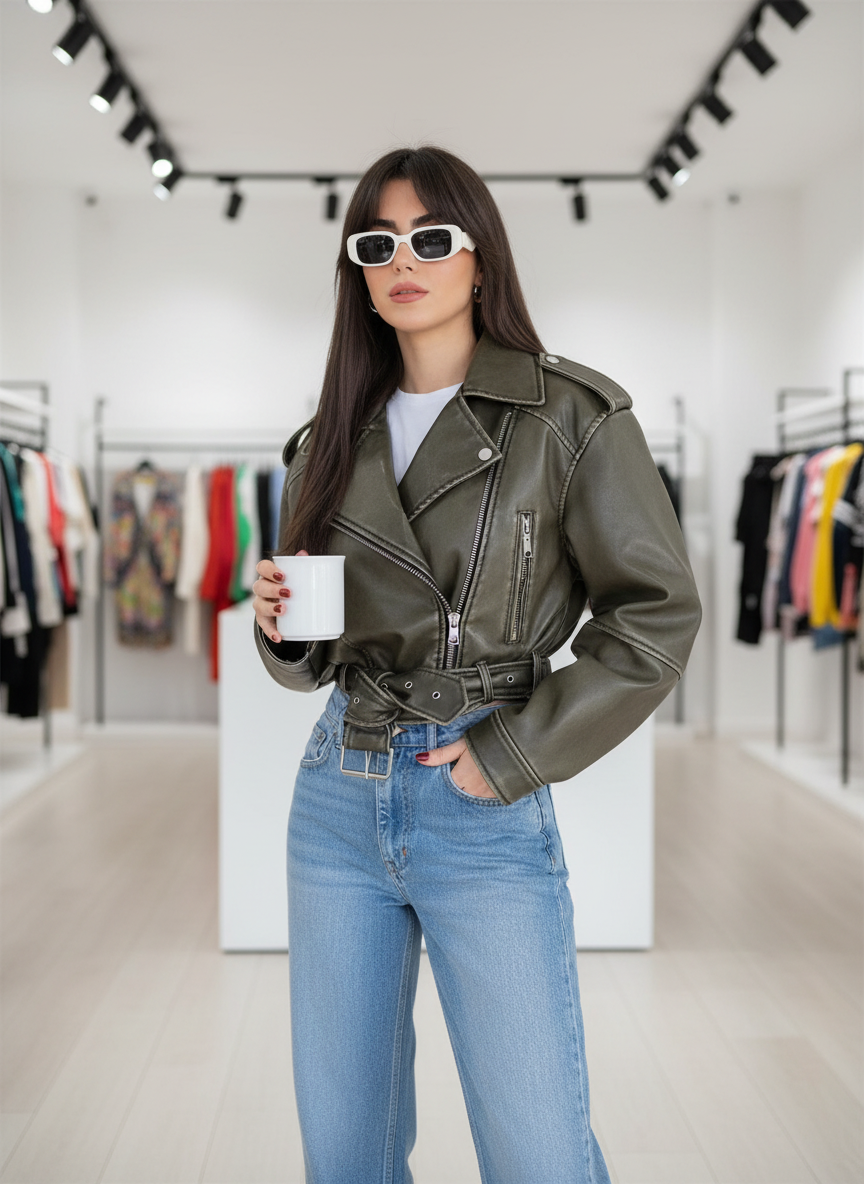 Iconische Oversized Bikerjack met Riem van Faux Leer