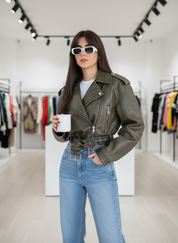 Iconische Oversized Bikerjack met Riem van Faux Leer