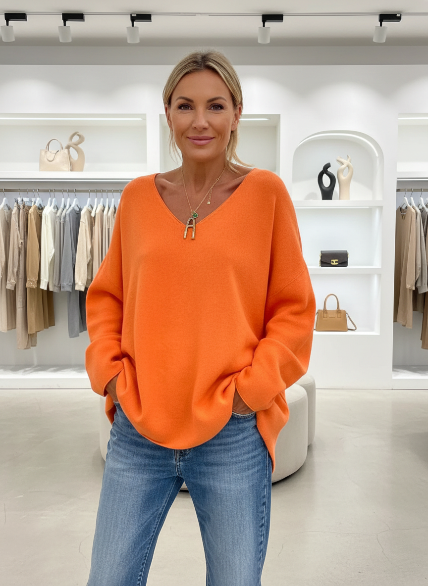 Comfortabele Oranje V-hals Trui: Relaxte Stijl