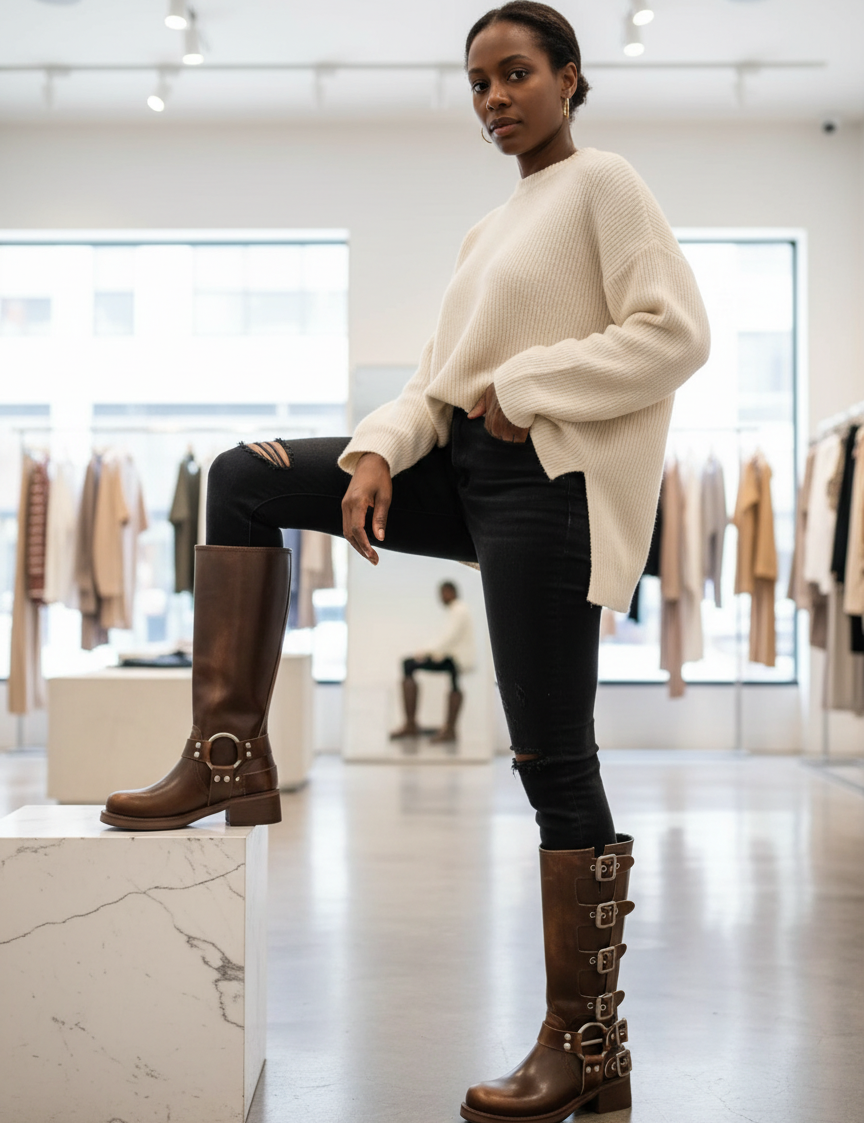 Brown leather biker boots with buckles, front view on model