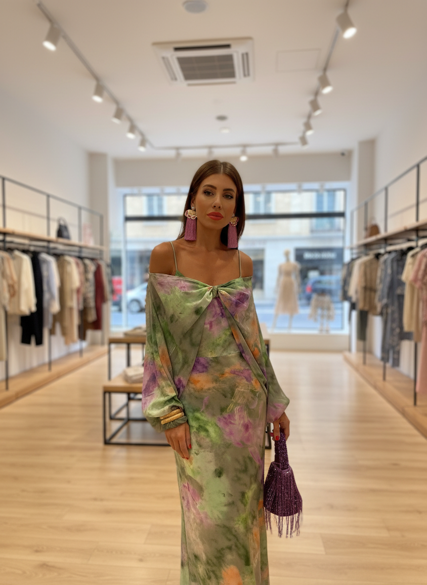 Maxi dress with floral print and off-shoulder bow, front view
