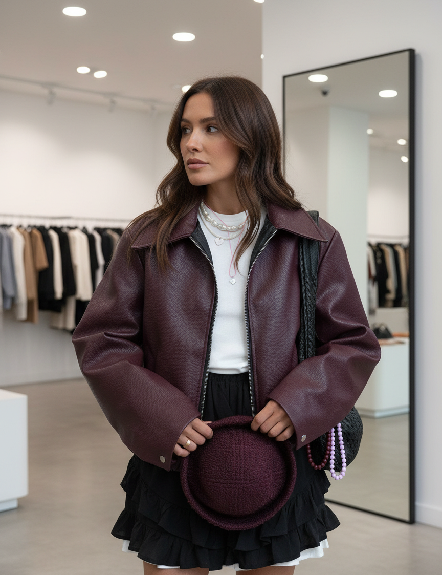 Oversized faux leather jacket maroon front view