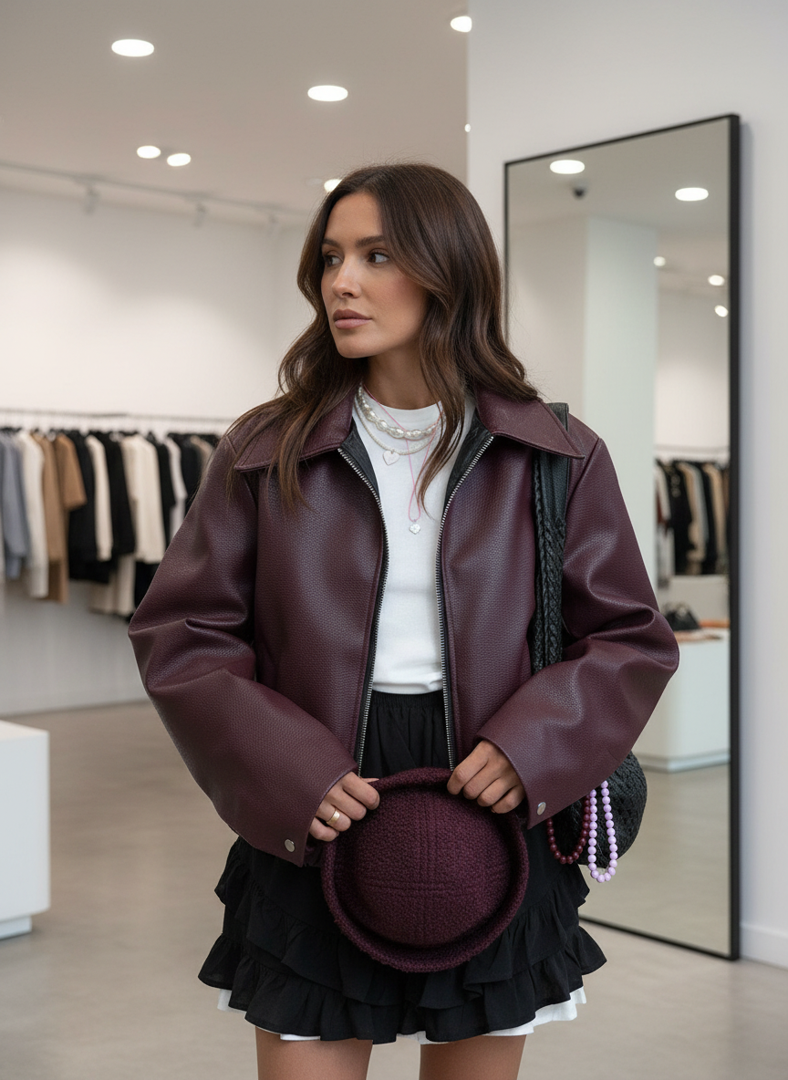 Oversized faux leather jacket maroon front view