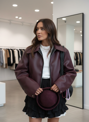 Oversized faux leather jacket maroon front view