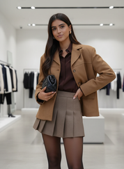 Model wearing brown blazer with black woven clutch
