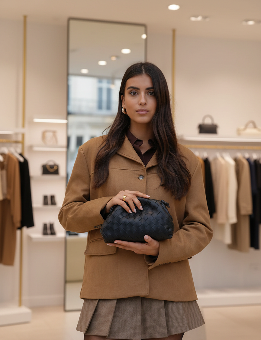 Model holding black woven clutch front view