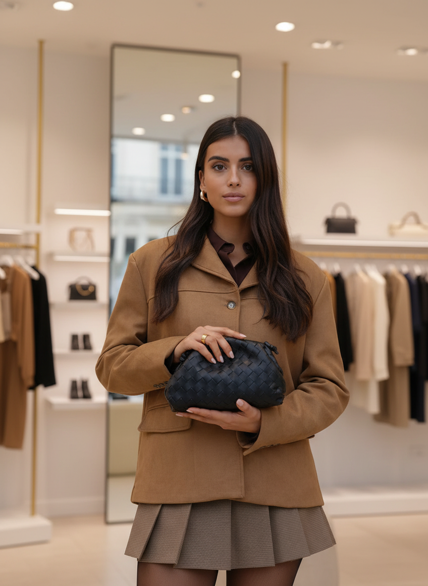Model holding black woven clutch front view