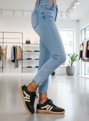 Black and beige retro sneakers side view