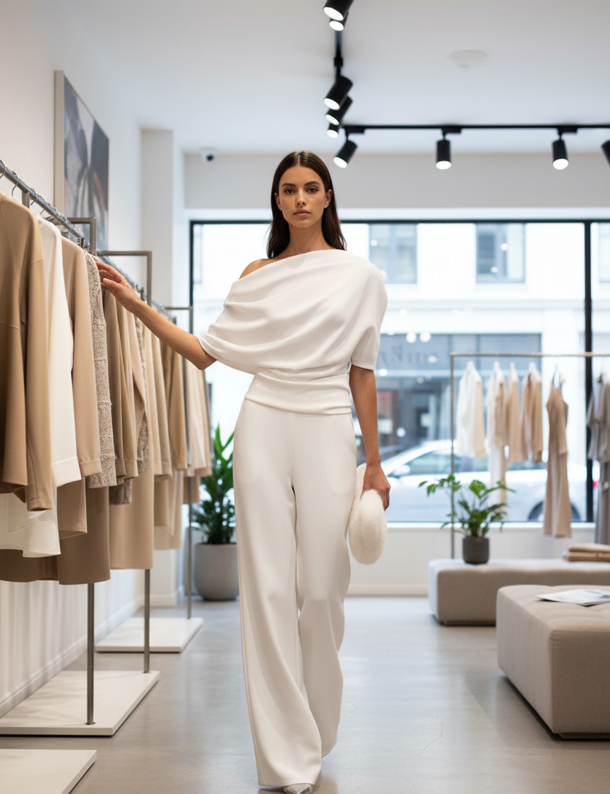 White jumpsuit with draped shoulder and wide legs, front view