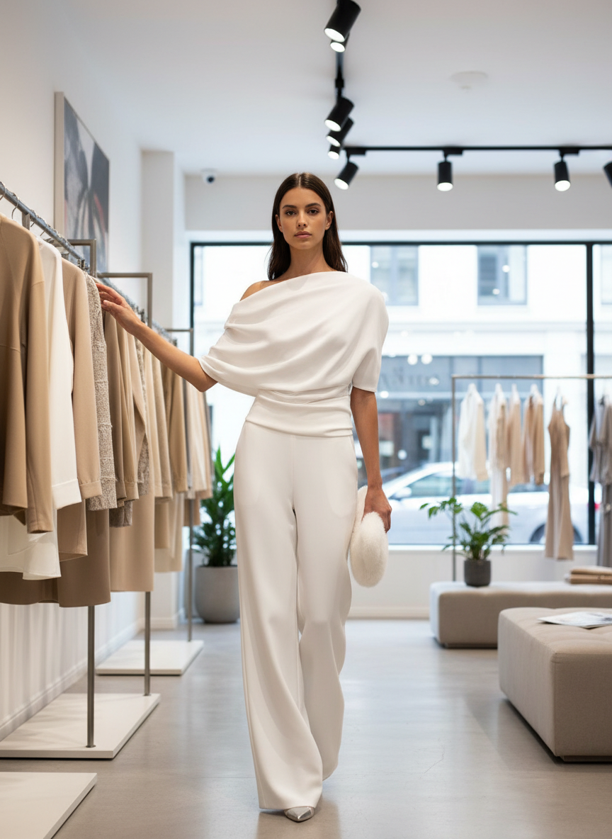 White jumpsuit with draped shoulder and wide legs, front view