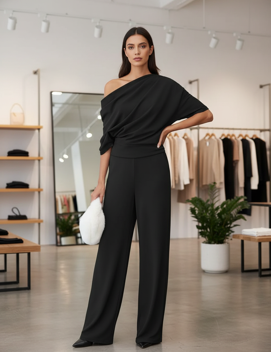 Black jumpsuit with asymmetrical shoulder and wide legs, front view