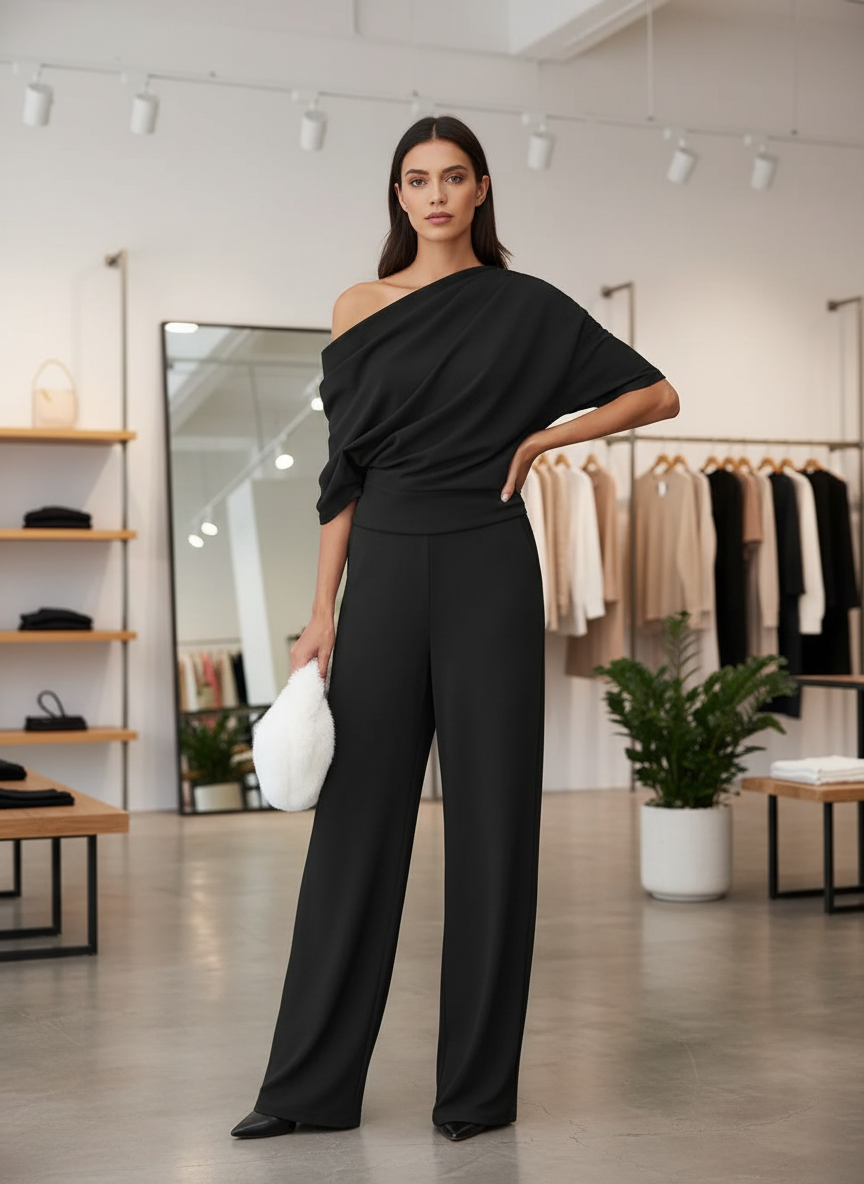 Black jumpsuit with asymmetrical shoulder and wide legs, front view