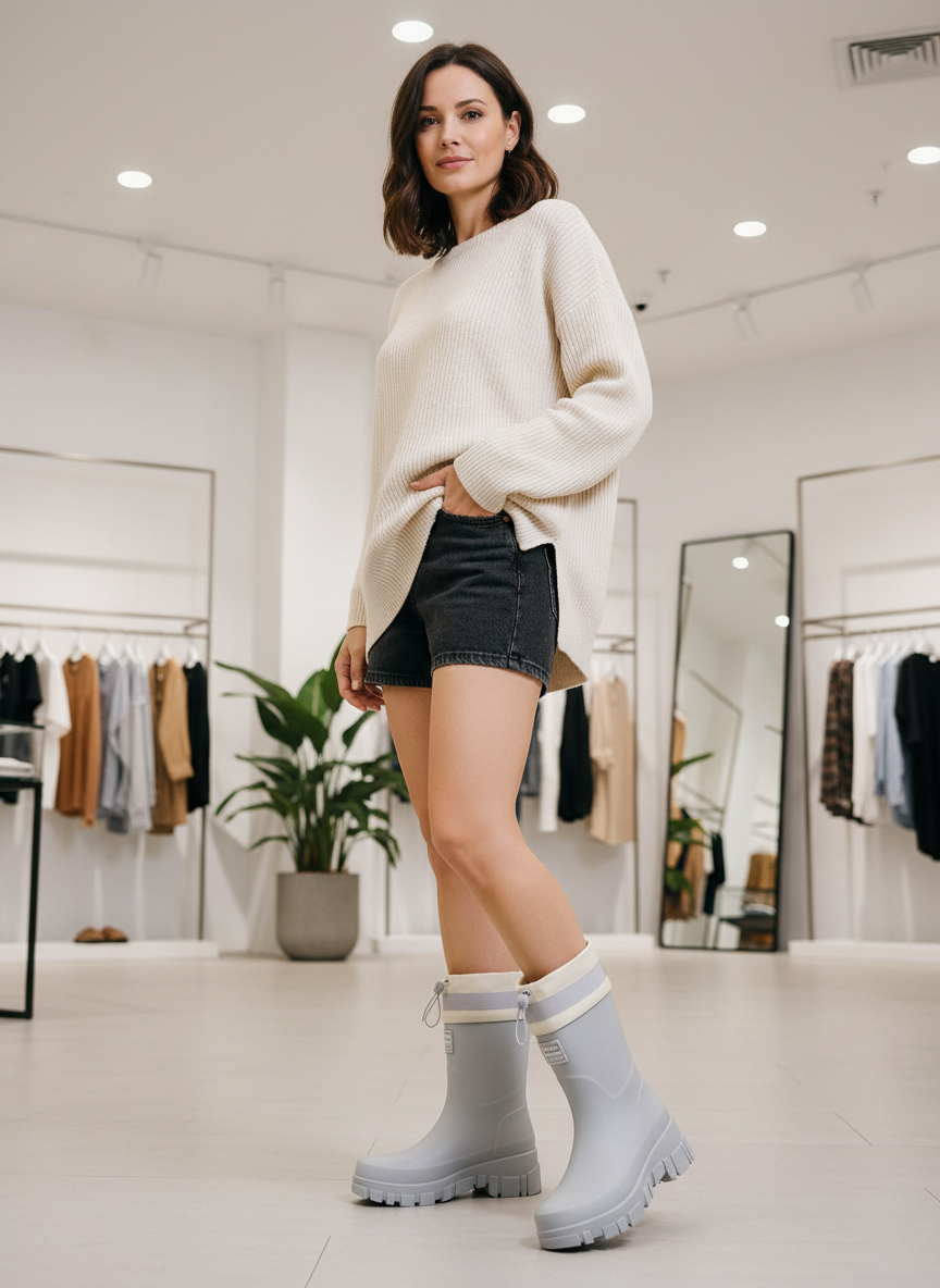 Waterproof boots gray with white stripe full body view