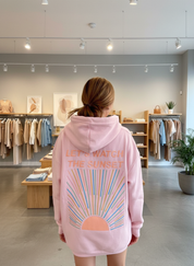 Pink hoodie with sunset design back view