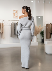 Gray knit maxi dress off-the-shoulder back view