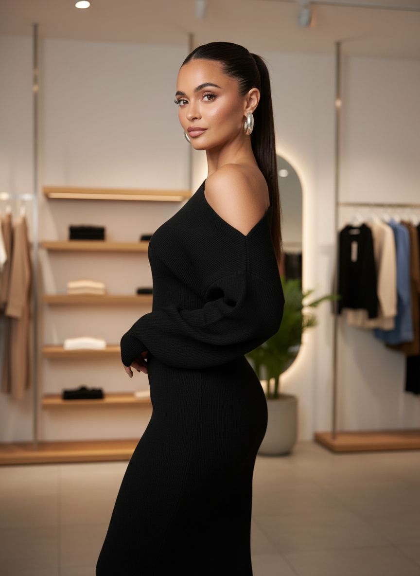 Black knit maxi dress off-the-shoulder side view