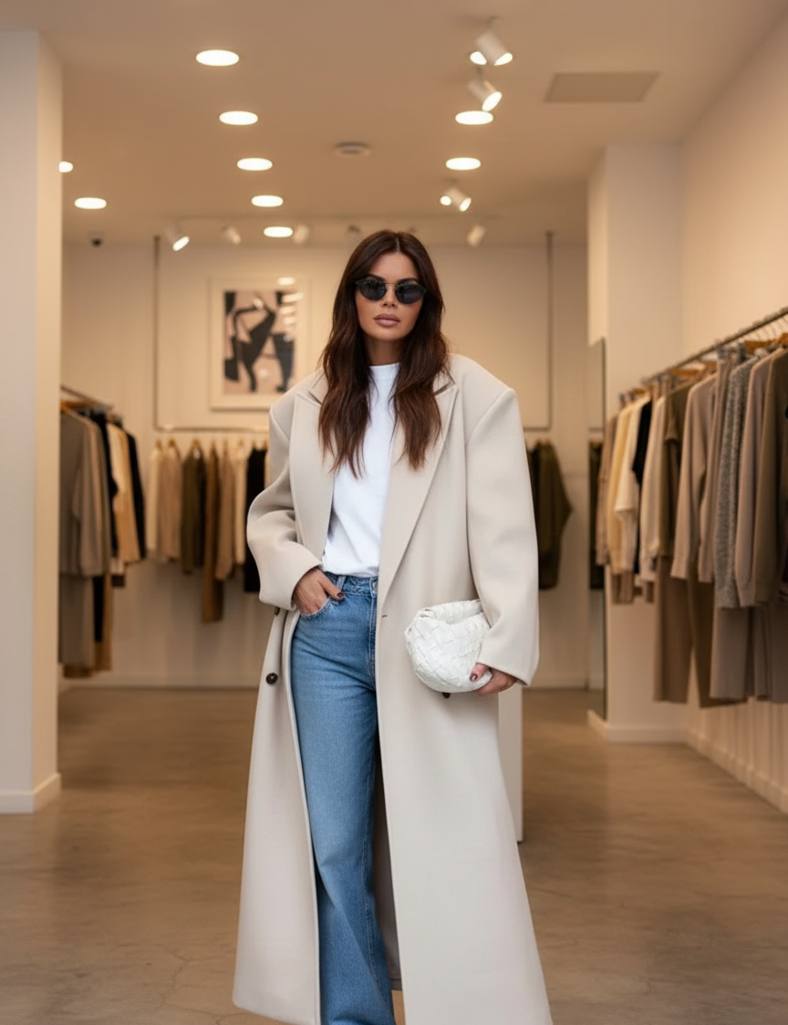 Cream wool blend overcoat front view with white turtleneck and jeans