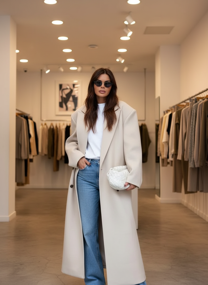 Cream wool blend overcoat front view with white turtleneck and jeans