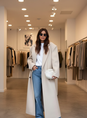 Cream wool blend overcoat front view with white turtleneck and jeans
