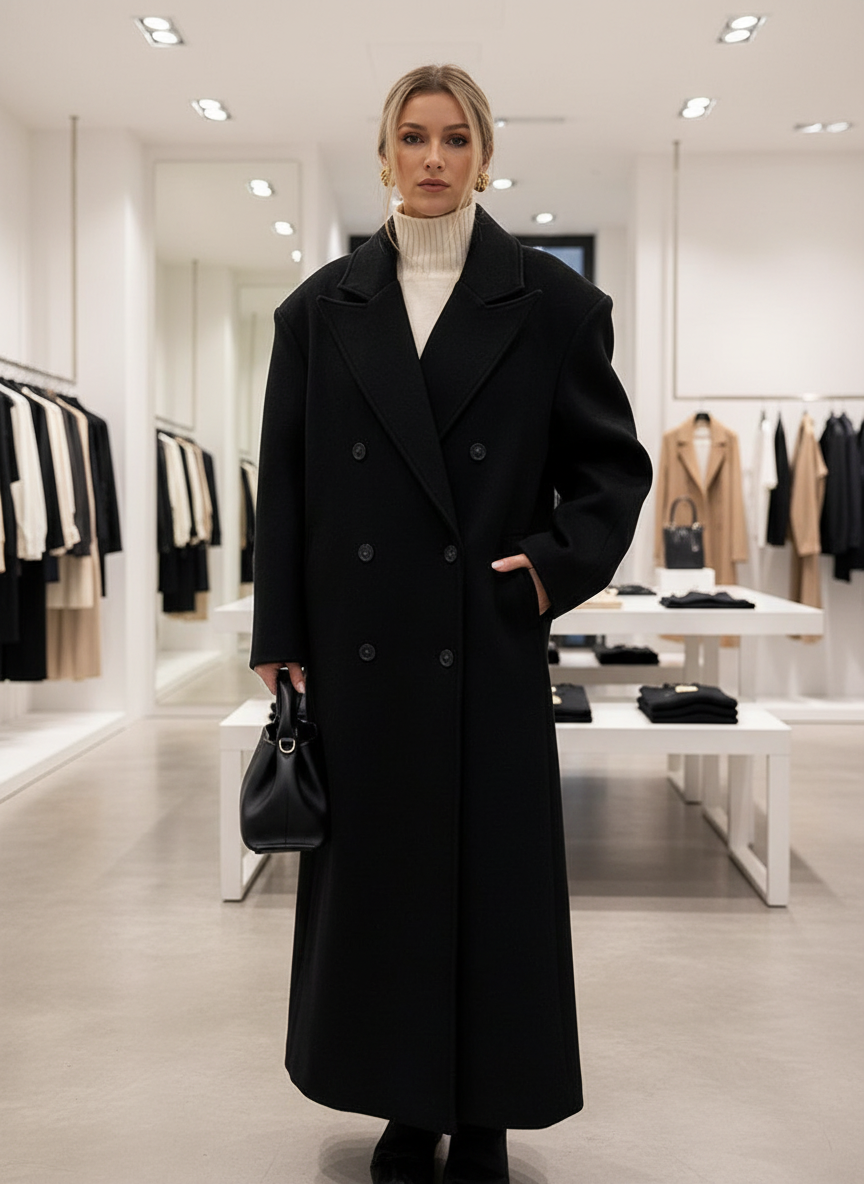Black wool blend overcoat front view with white turtleneck and clutch