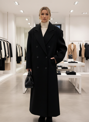 Black wool blend overcoat front view with white turtleneck and clutch