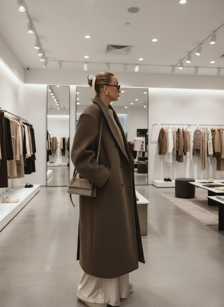 Brown wool blend overcoat side view with white trousers and clutch