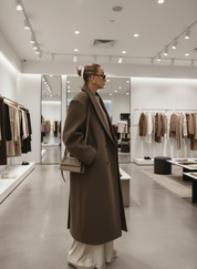 Brown wool blend overcoat side view with white trousers and clutch