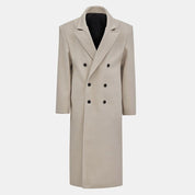 Cream wool blend overcoat front view on mannequin