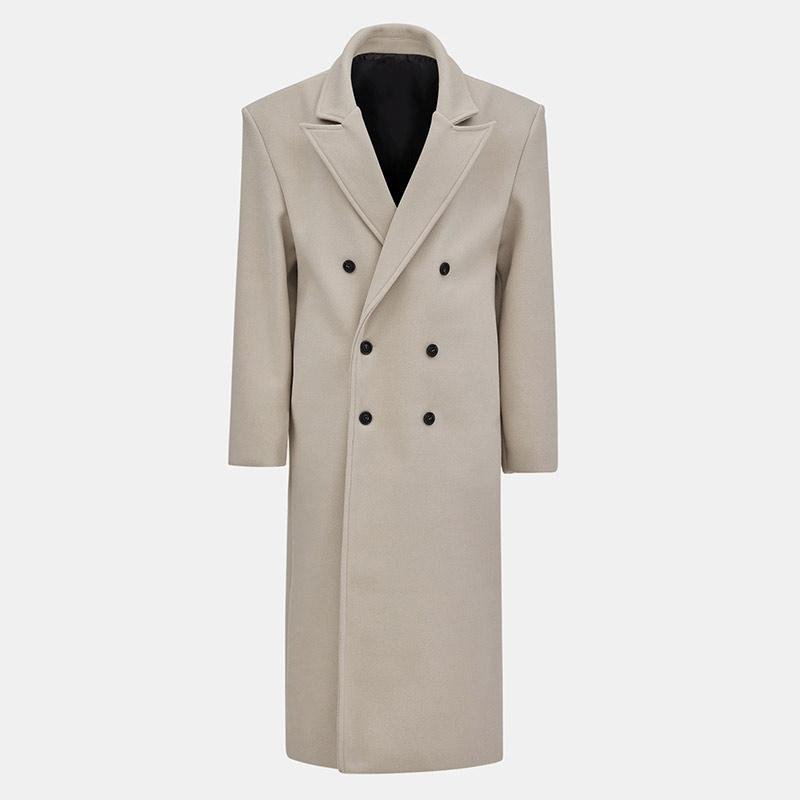 Cream wool blend overcoat front view on mannequin